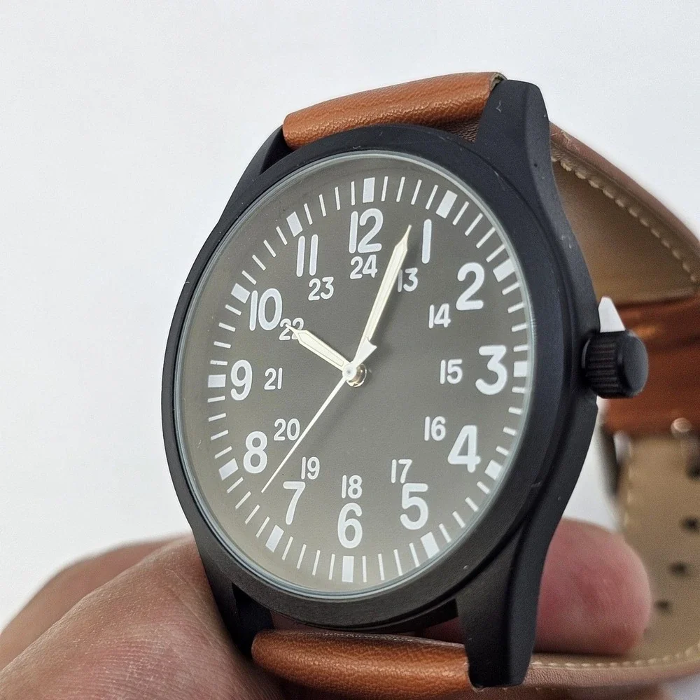Field Men's Watch 42MM Easy Read Black Dial Black Case Brown Leather Band Straps
